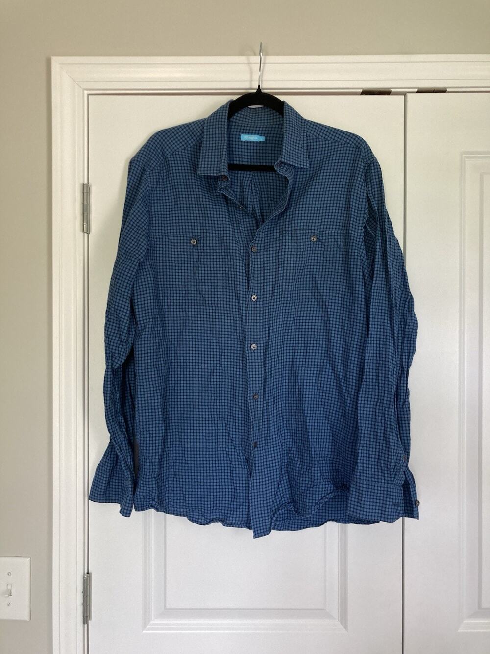 J McLaughlin Shirt Mens Large Blue Gingham Linen Cotton Button Down Preppy